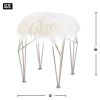 Silver Geometric Vanity Stool with White Faux Fur