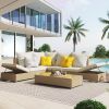 Patio 3-Piece Rattan Sofa Set All Weather PE Wicker Sectional Set with Adjustable Chaise Lounge Frame and Tempered Glass Table, Natural Brown+ Beige C