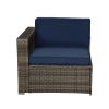 Beefurni Outdoor Garden Patio Furniture 7-Piece Dark Gray PE Rattan Wicker Sectional Navy Cushioned Sofa Sets with 2 Begie Pillows