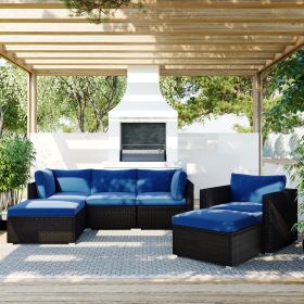 6PCS Outdoor Patio Sectional All Weather PE Wicker Rattan Sofa Set with Glass Table; Blue Cushion+ Brown Wicker