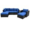 6PCS Outdoor Patio Sectional All Weather PE Wicker Rattan Sofa Set with Glass Table; Blue Cushion+ Brown Wicker