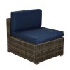 Beefurni Outdoor Garden Patio Furniture 7-Piece Dark Gray PE Rattan Wicker Sectional Navy Cushioned Sofa Sets with 2 Begie Pillows