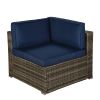 Beefurni Outdoor Garden Patio Furniture 7-Piece Dark Gray PE Rattan Wicker Sectional Navy Cushioned Sofa Sets with 2 Begie Pillows