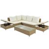 Patio 3-Piece Rattan Sofa Set All Weather PE Wicker Sectional Set with Adjustable Chaise Lounge Frame and Tempered Glass Table, Natural Brown+ Beige C