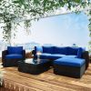 6PCS Outdoor Patio Sectional All Weather PE Wicker Rattan Sofa Set with Glass Table; Blue Cushion+ Brown Wicker