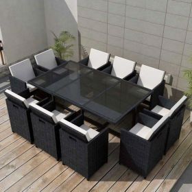 11 Piece Outdoor Dining Set with Cushions Poly Rattan Black (Color: Black)