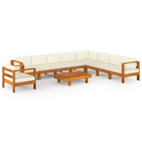 10 Piece Garden Lounge Set with Cream White Cushions Acacia Wood (Color: Brown)