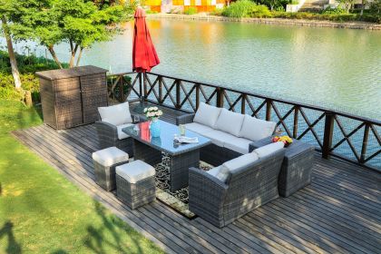 Direct Wicker 7 PCS Outdoor PE Rattan Wicker Sofa Rattan Patio Garden Furniture, With Wide Cabinet, Gray (Color: Grey)