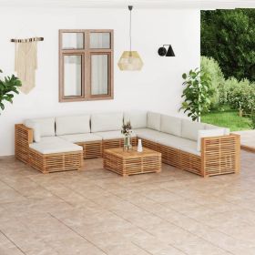 9 Piece Patio Lounge Set with Cream Cushion Solid Teak Wood (Color: Brown)