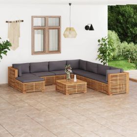 9 Piece Patio Lounge Set with Dark Gray Cushion Solid Teak Wood (Color: Brown)