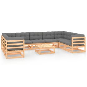 10 Piece Garden Lounge Set with Cushions Solid Pinewood (Color: Brown)