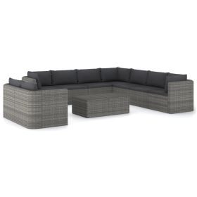 10 Piece Garden Lounge Set with Cushions Poly Rattan Gray (Color: Grey)